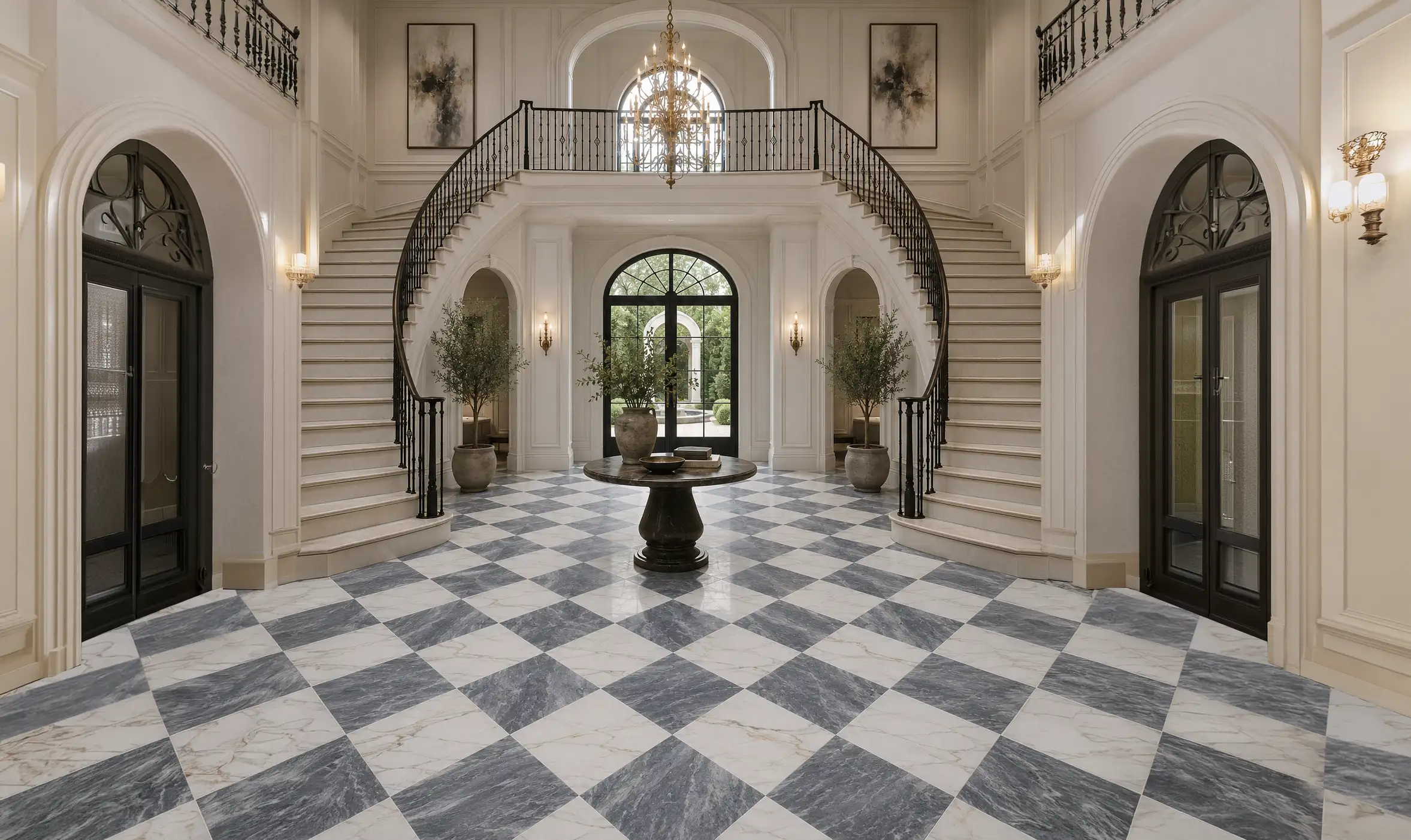 Checkerboard floor in Arabescato and Bardiglio Light 12×12 marble in a double-height entry hall