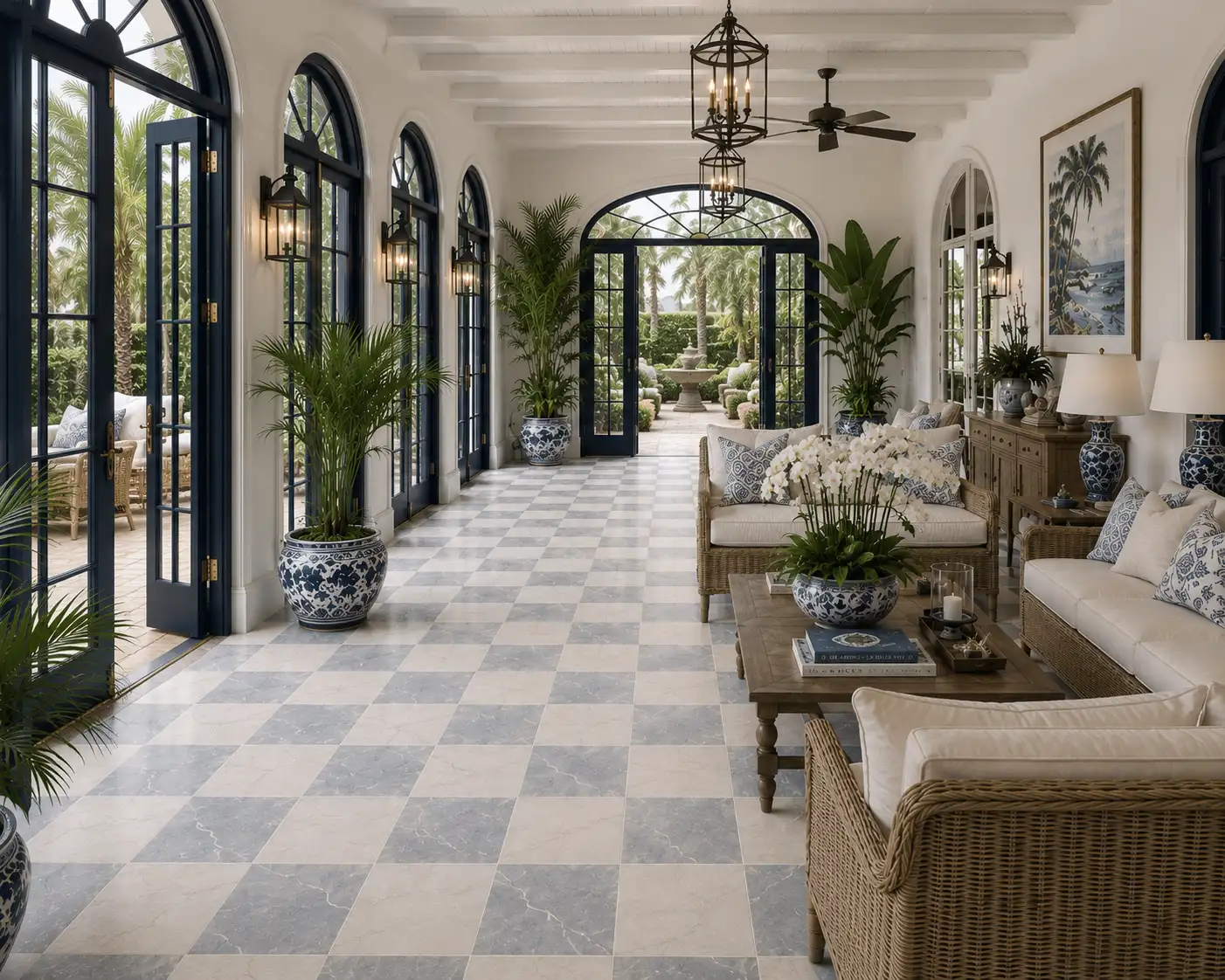 Bianco Carrara and Nero Marquina 12×12 tumbled floor