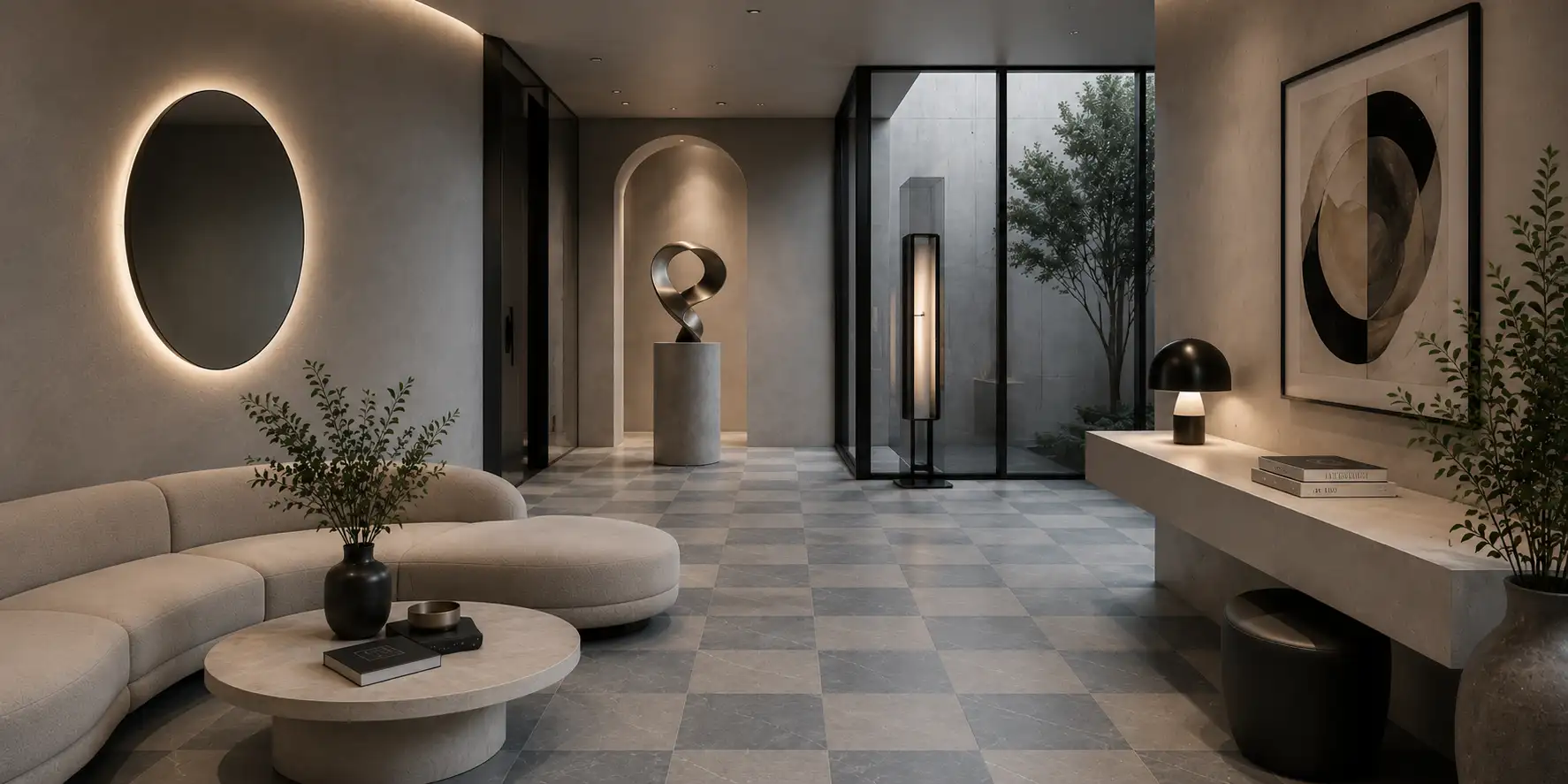 Grey tone-on-tone checkerboard floor in a sculptural modern lounge