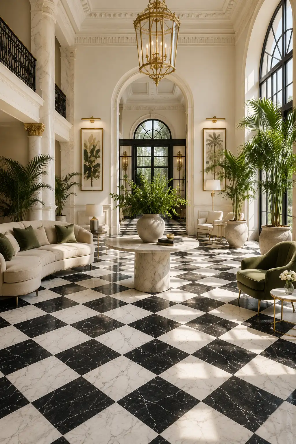 Nero Marquina and Statuary 12×12 honed checkerboard floor in a grand sunlit hall