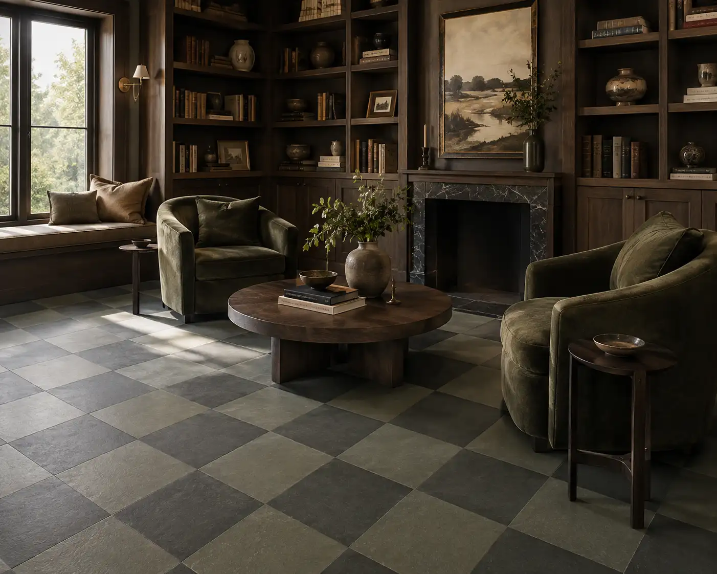Earthen Marine and Jade 12×12 matte pressed checkerboard floor