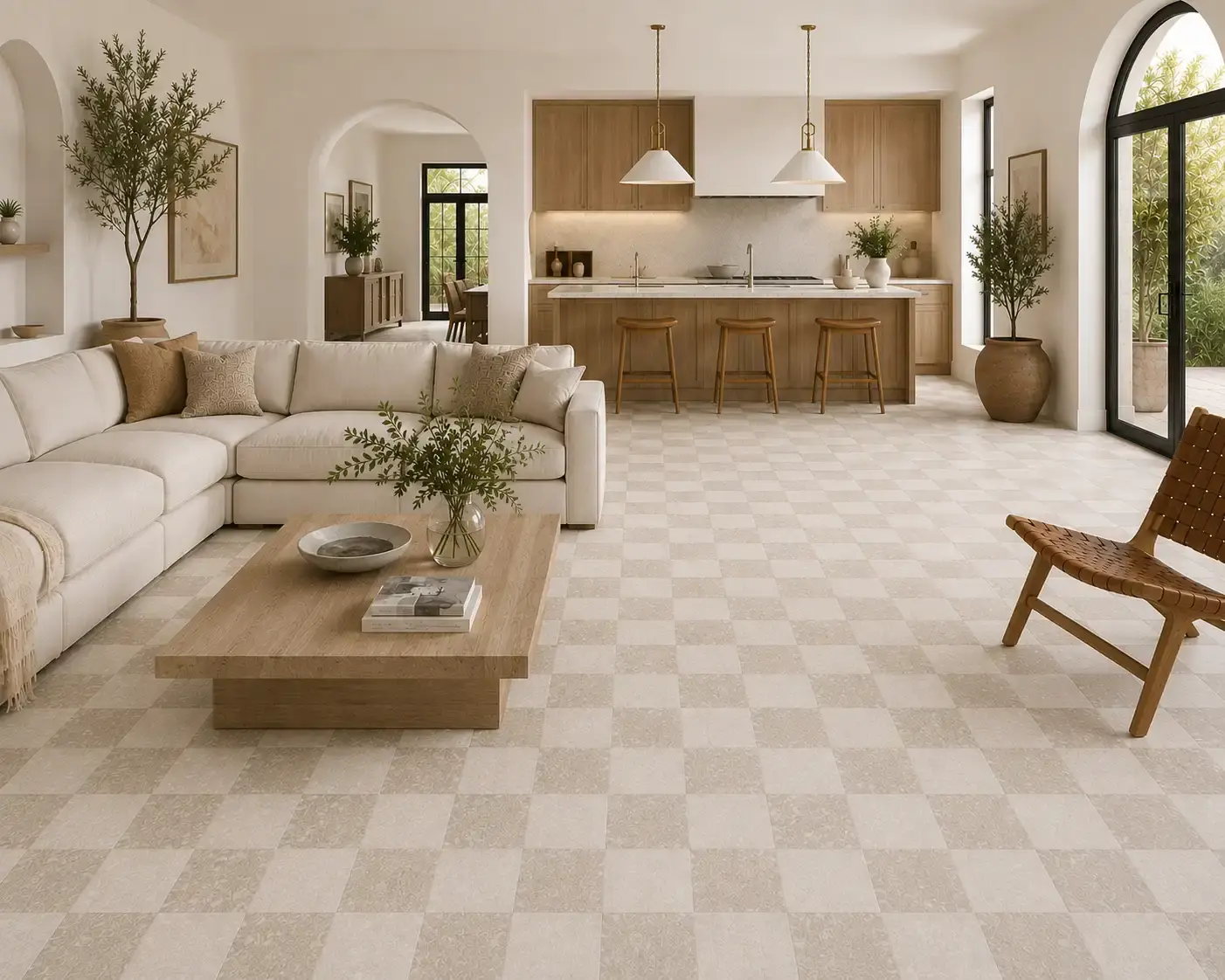 Pietra Di Ostuni Avorio and Tufo 8×8 matte checkerboard floor